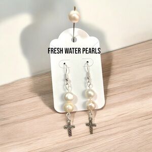 Elegant Freshwater Pearl Cross Earrings